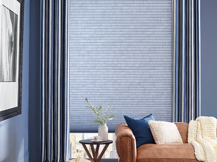 Design Studio™ Side Panels & Drapery Fabric: Straits  Color: Navy Duette® Honeycomb Shades Fabric: Architella® Elan®  Color: Indigo Mood